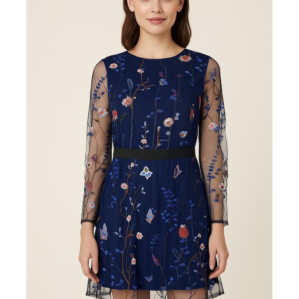 New CBR Navy Floral Embroidered Dress Women’s M Long Sleeve Whimsigoth Fairycore